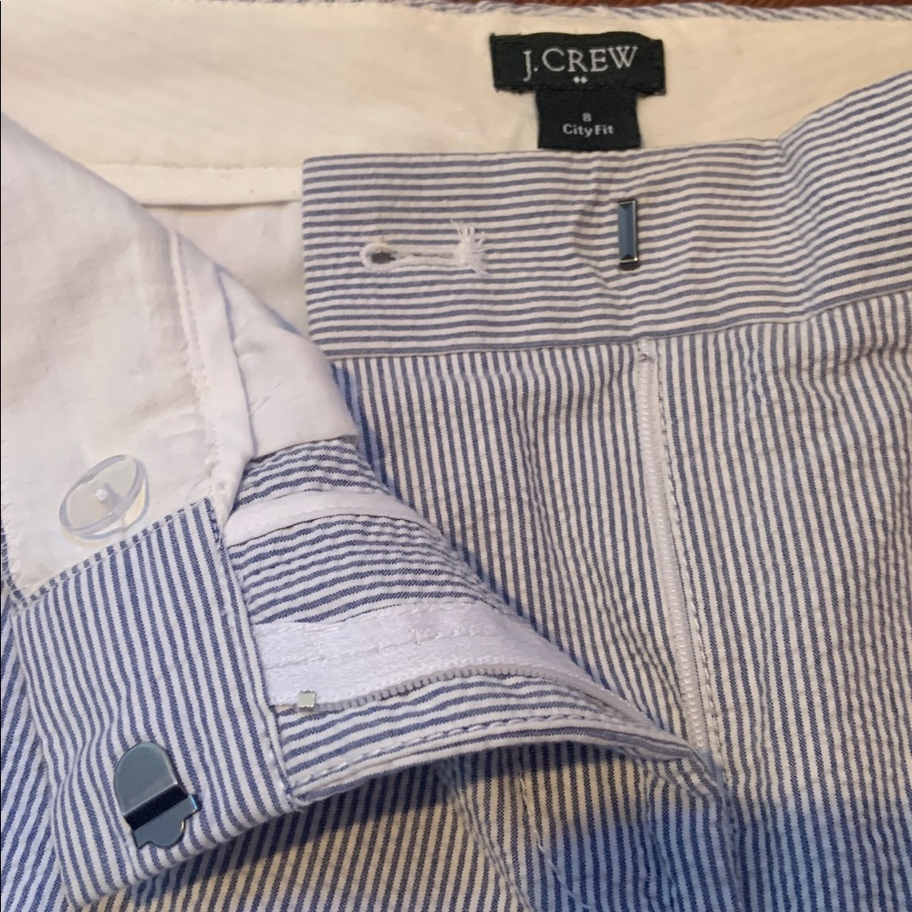J. Crew Factory Navy and White Seersucker Bermuda Shorts